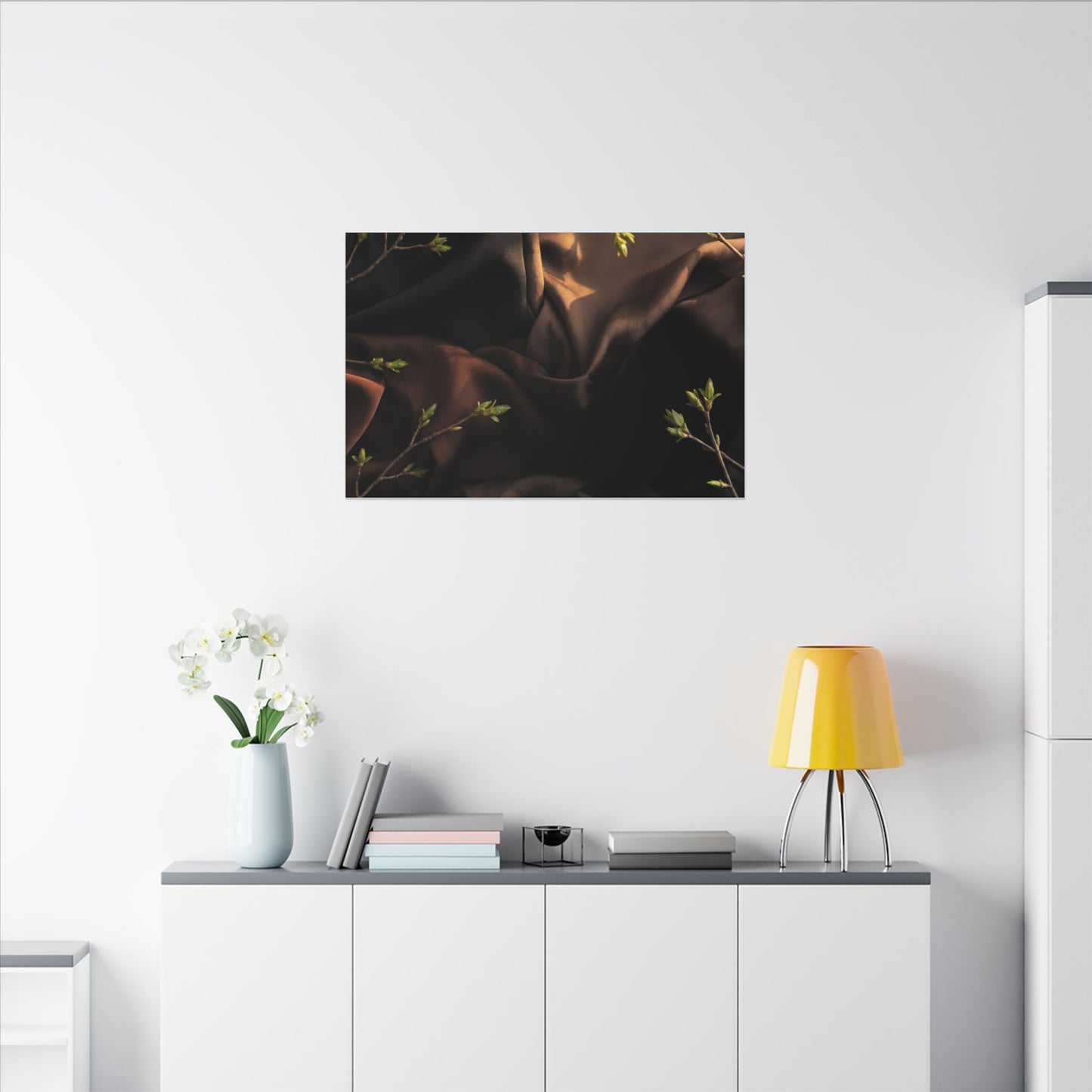 Dark Japandi Silk Drape in Golden Hour | Moody Minimal Canvas Art
