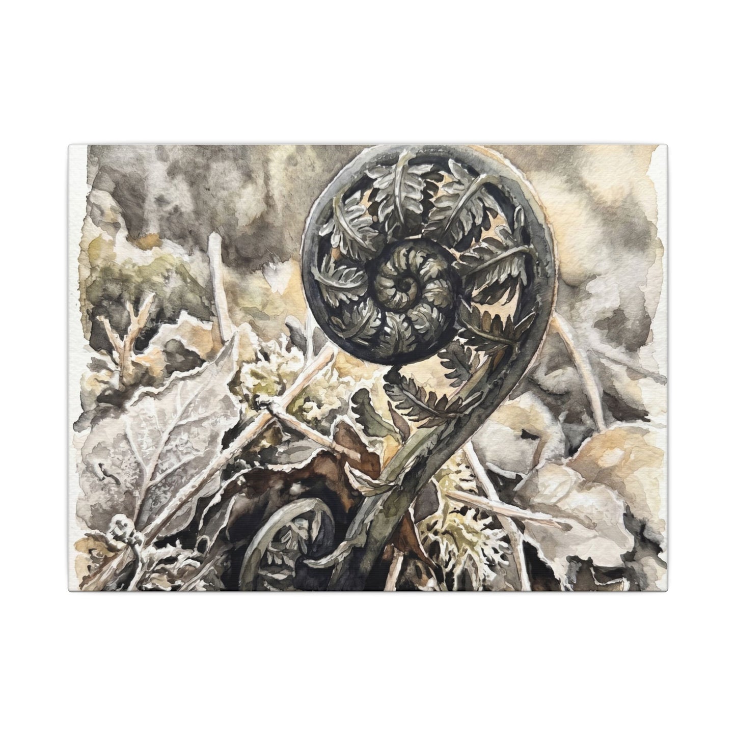 Japandi Fern Unfurling in Golden Hour | Watercolor Canvas Art
