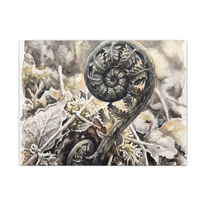 Japandi Fern Unfurling in Golden Hour | Watercolor Canvas Art