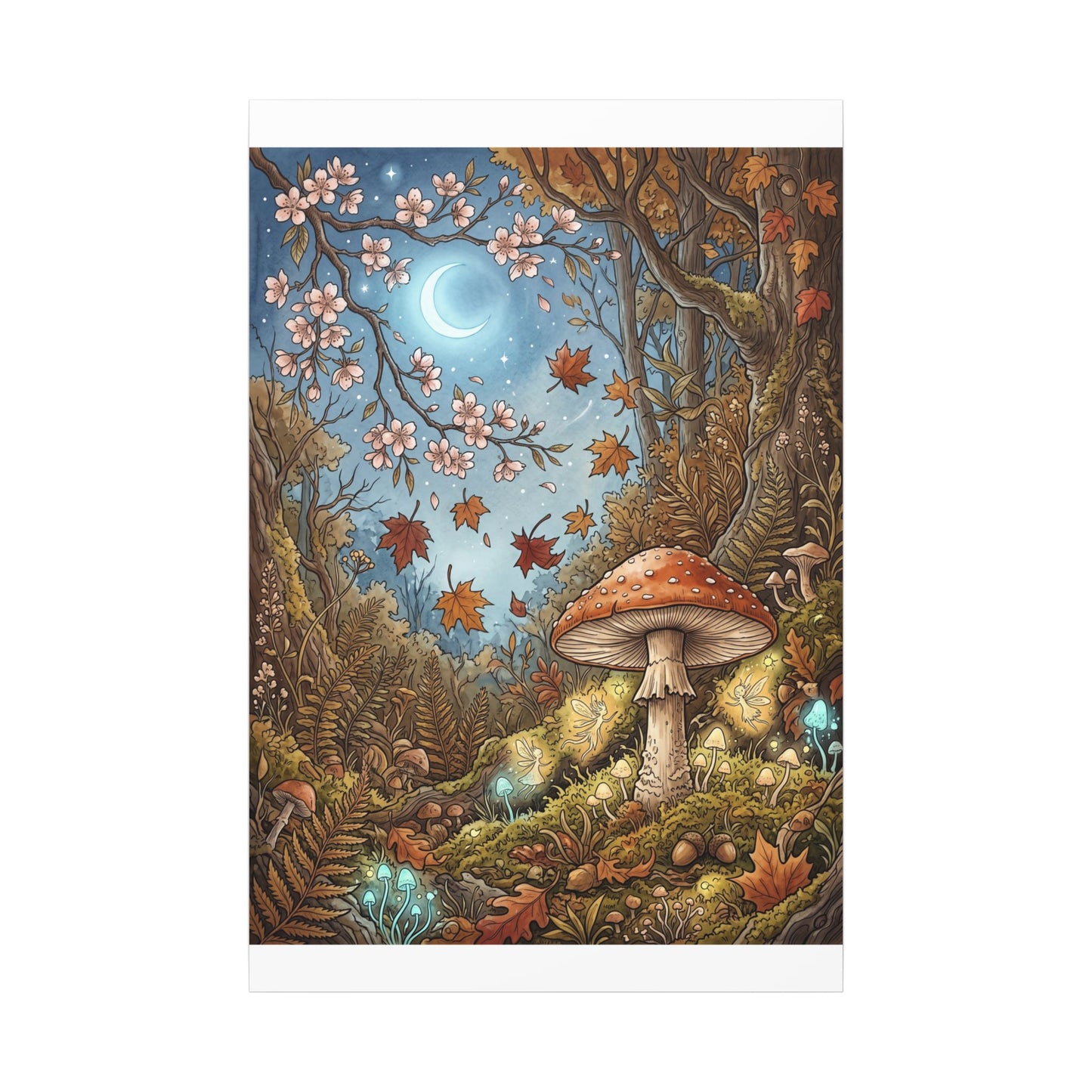 Autumn Cherry Blossom Mushroom Illustration Canvas Art | Enchanting Decor