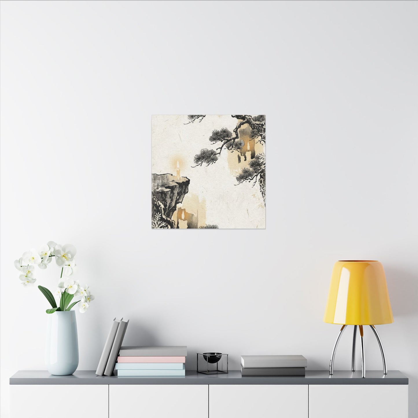 Japandi Pine Tree in Candlelight | Japanese Pattern Canvas Art