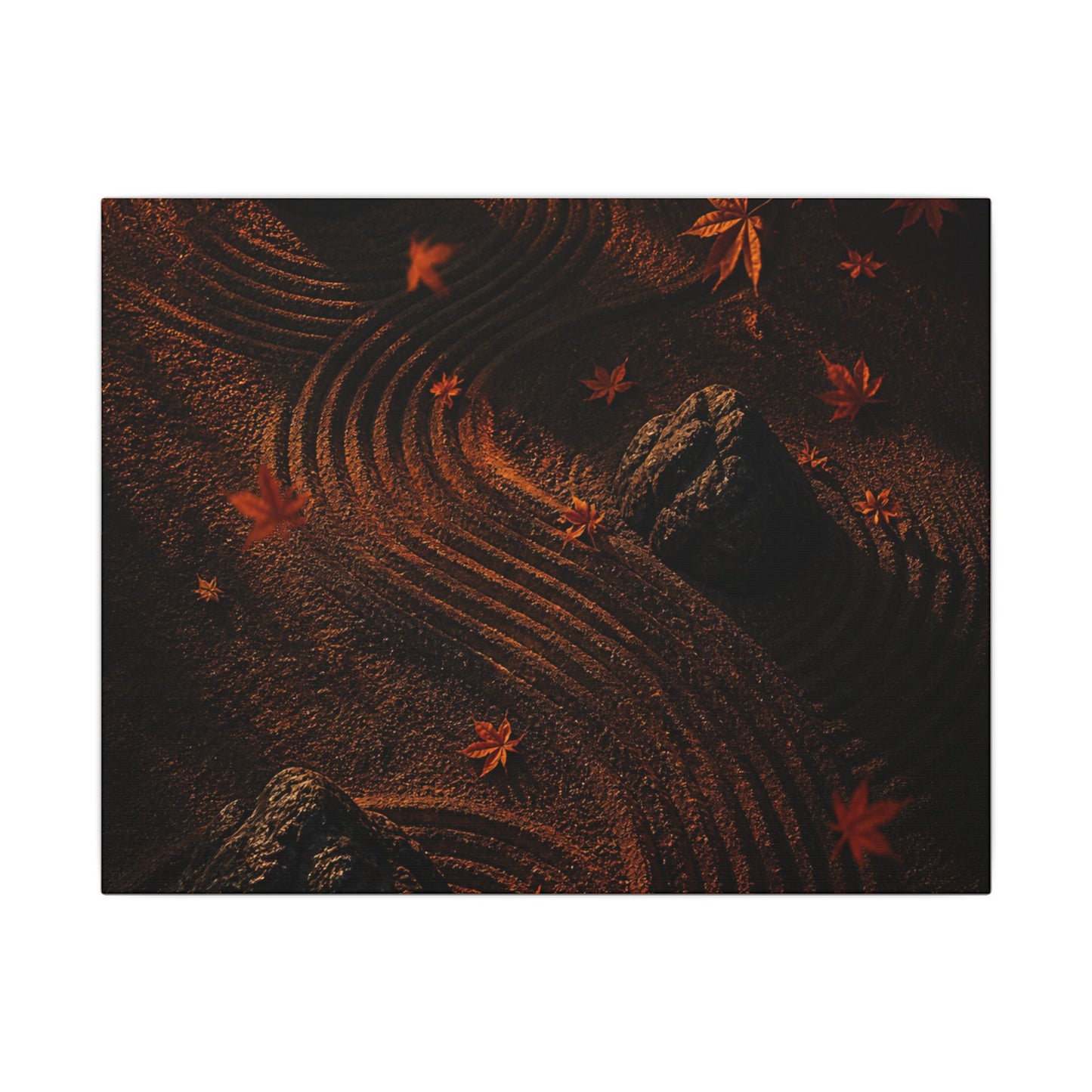 Dark Japandi Rock Garden in Golden Hour | Charcoal Ink Canvas Art