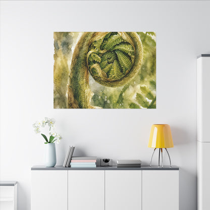 Japandi Fern Unfurling in Dappled | Watercolor Canvas Art