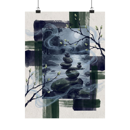 River Stones Wall Art Print | Spring Zen Sumi E Art Art Print