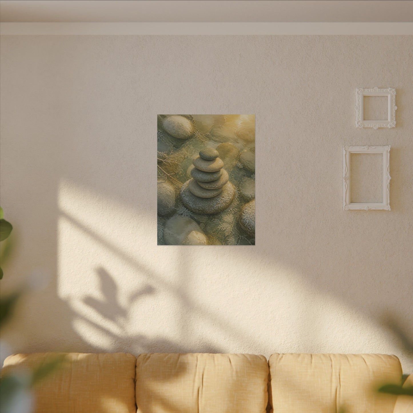 River Stones Watercolor Canvas Art | Elegant Japandi Art