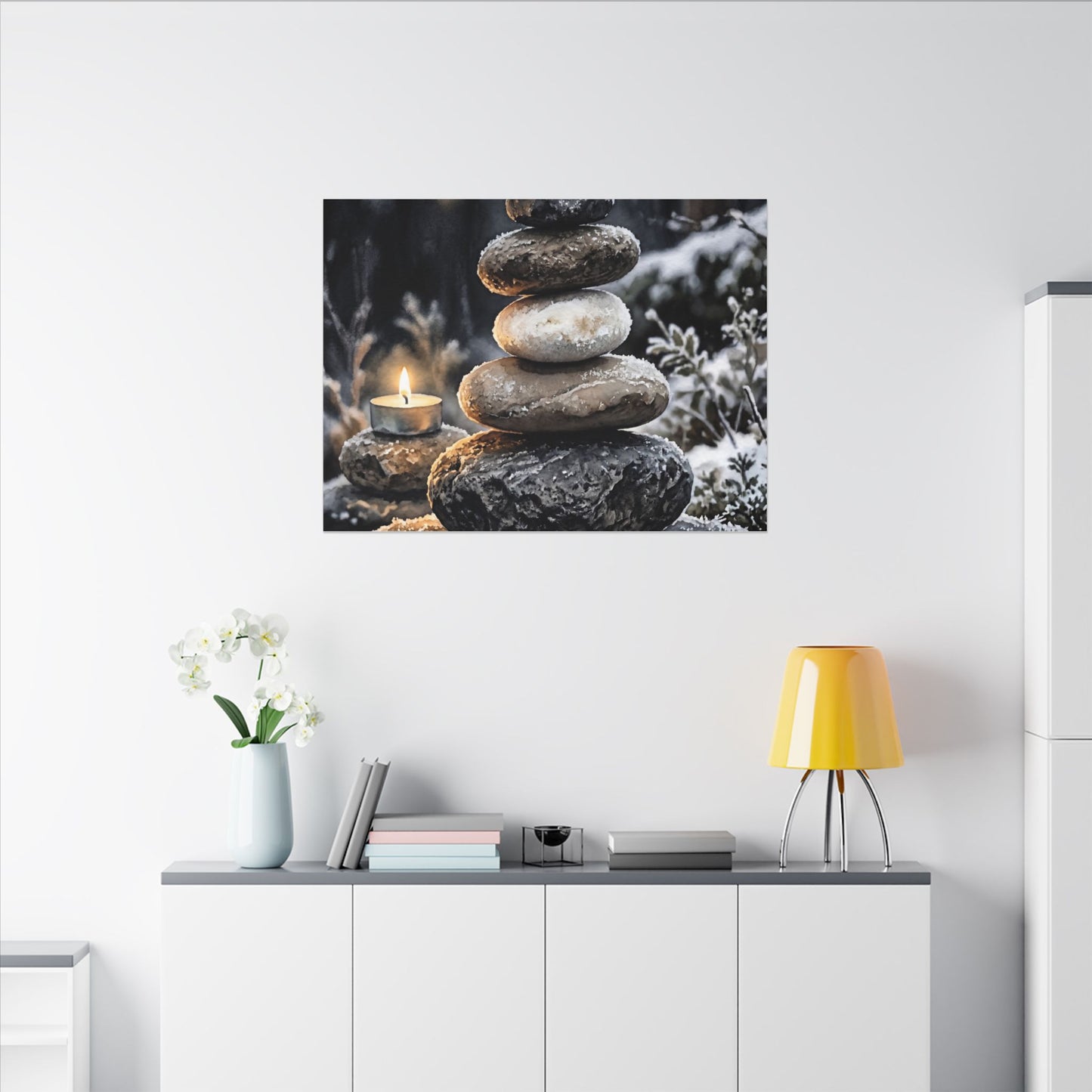 River Stones Canvas Art | Winter Japandi Watercolor Art