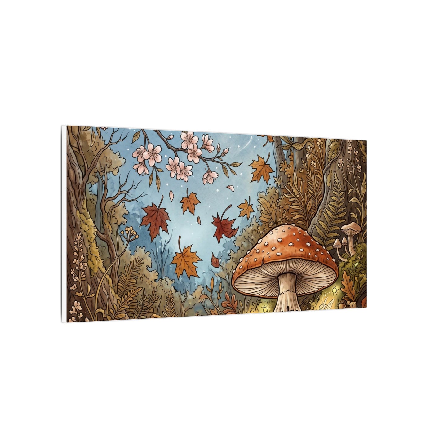 Autumn Cherry Blossom Mushroom Illustration Canvas Art | Enchanting Decor