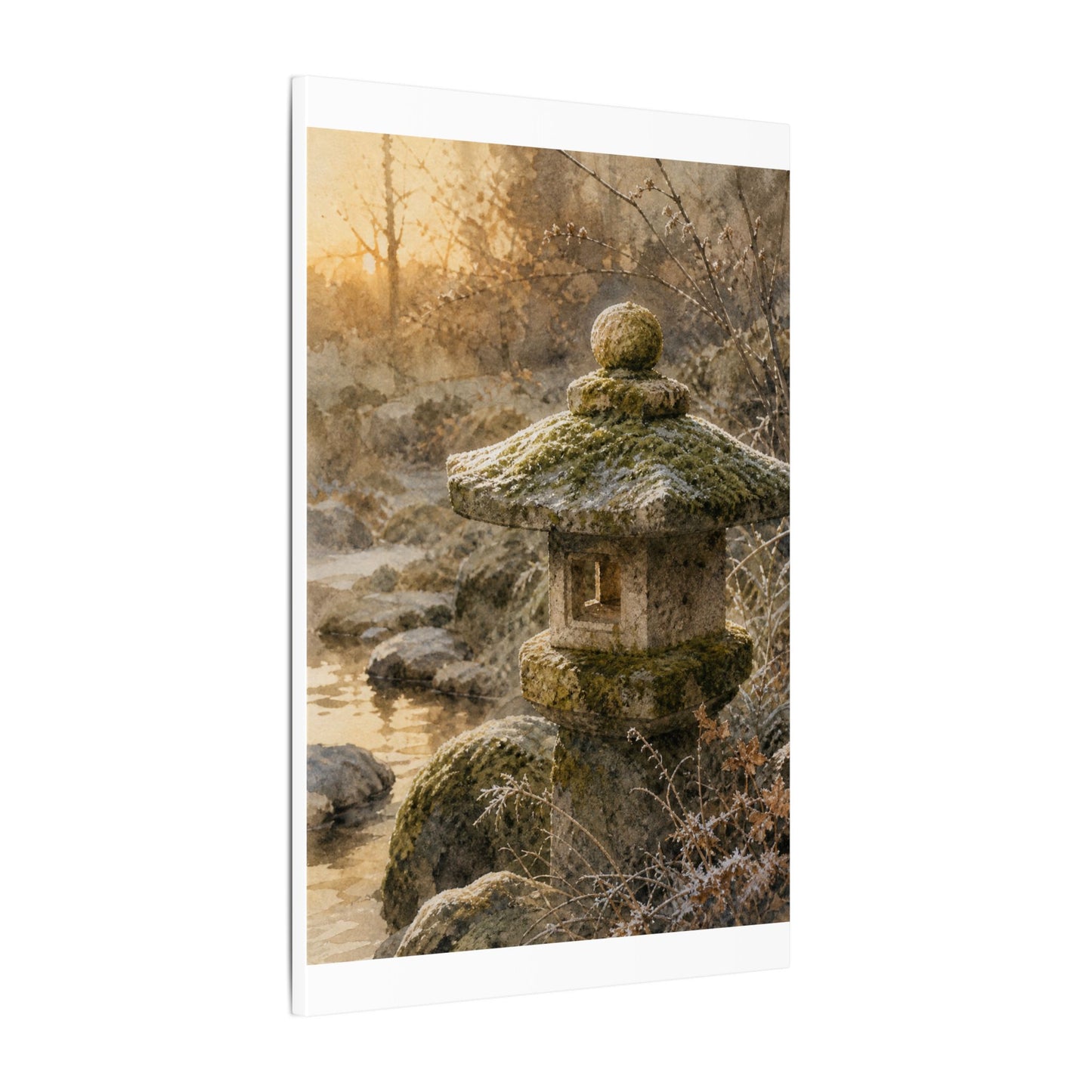 Winter Stone Lantern Watercolor Canvas Art | Earthy Decor