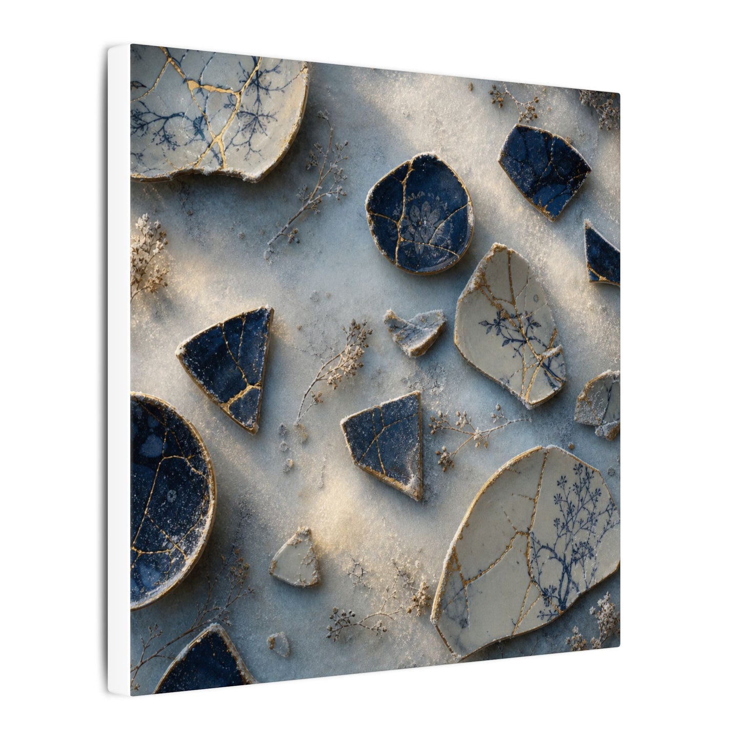 Broken Pottery Canvas Art | Winter Kintsugi Gold Vein Art
