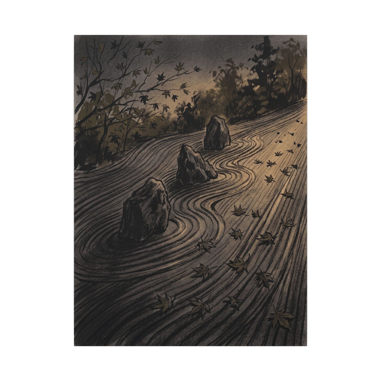 Rock Garden Canvas Art | Autumn Dark Japandi Charcoal Ink Art