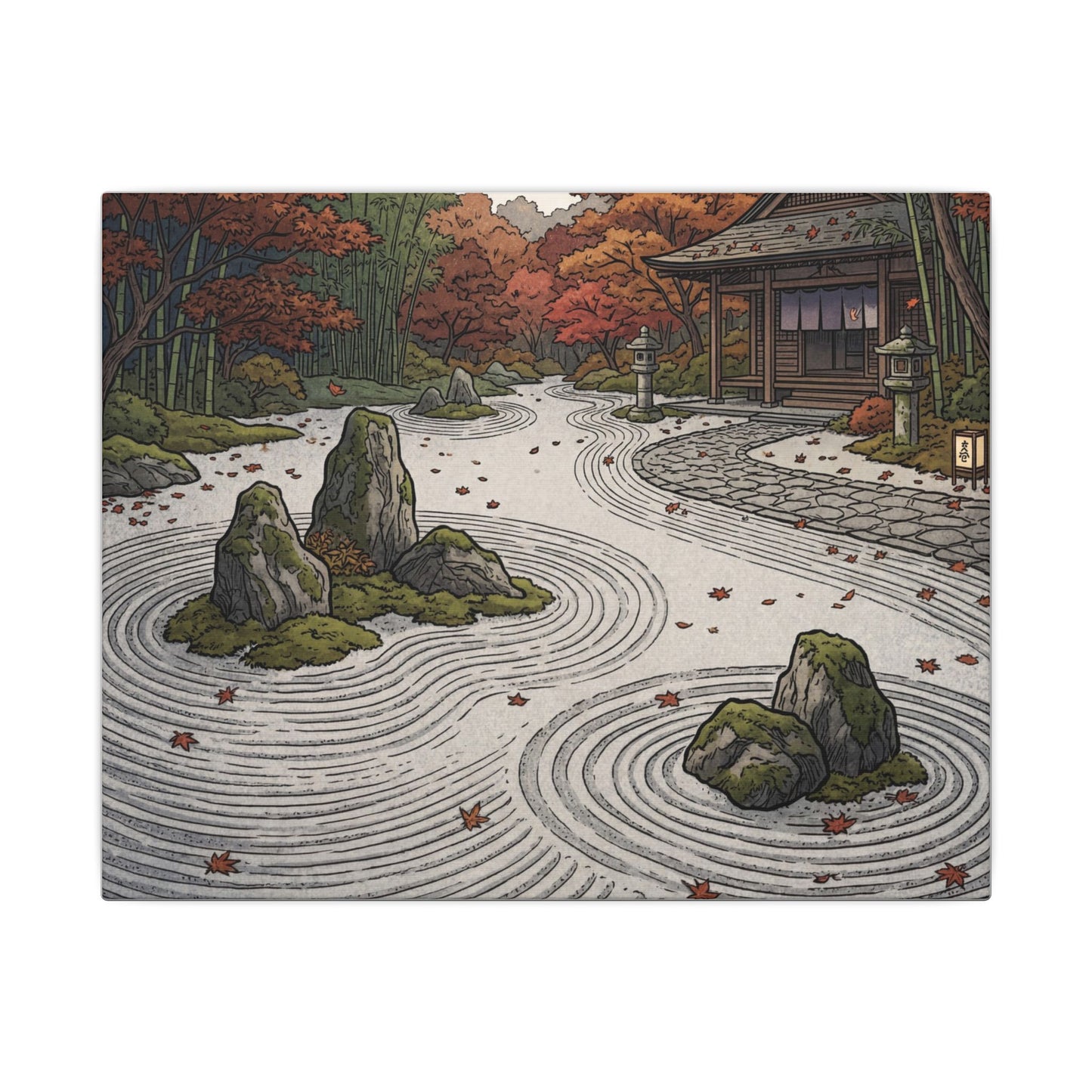 Autumn Rock Garden Ukiyo E Inspired Canvas Art | Peaceful Decor