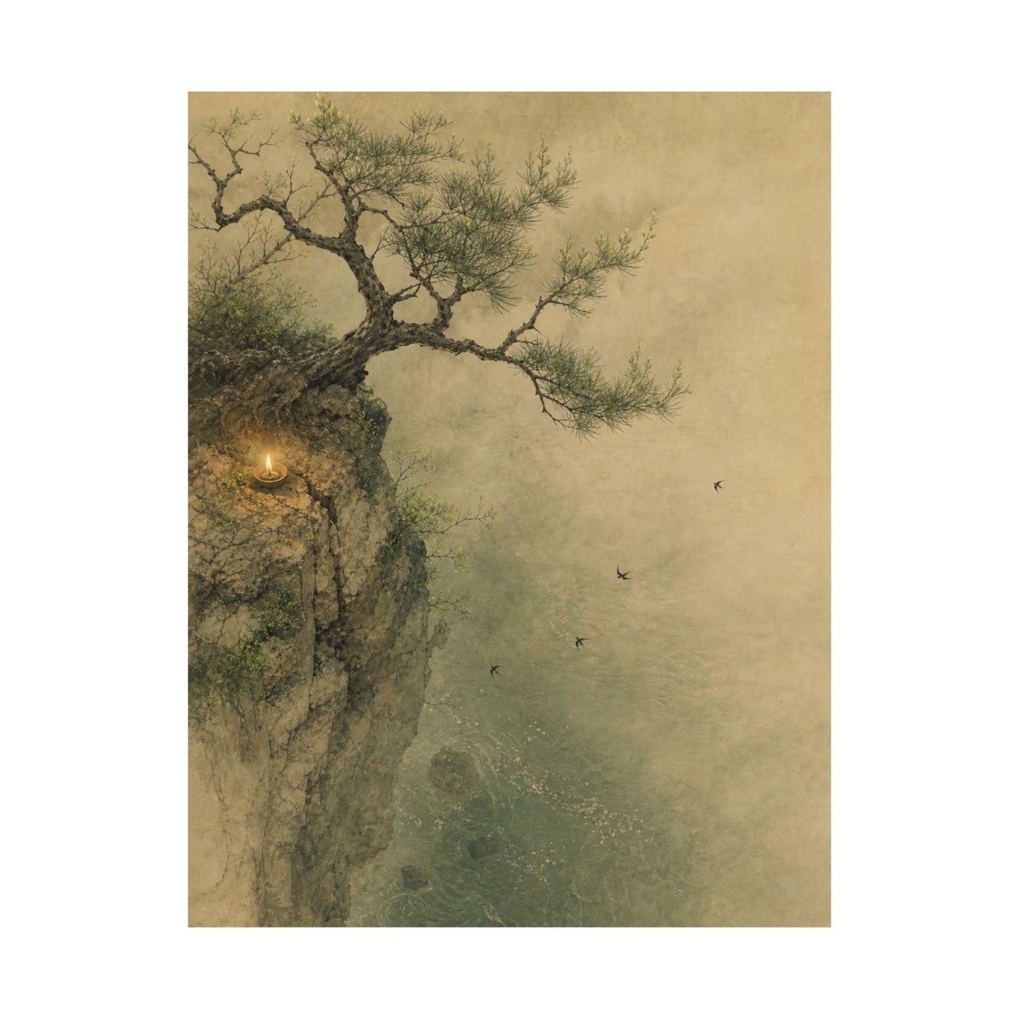 Japandi Pine Tree in Candlelight | Minimal Line Wall Art Print