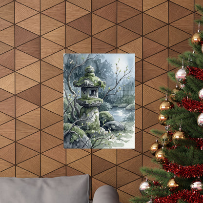 Japandi Stone Lantern in Moonlight | Watercolor Wall Art Print