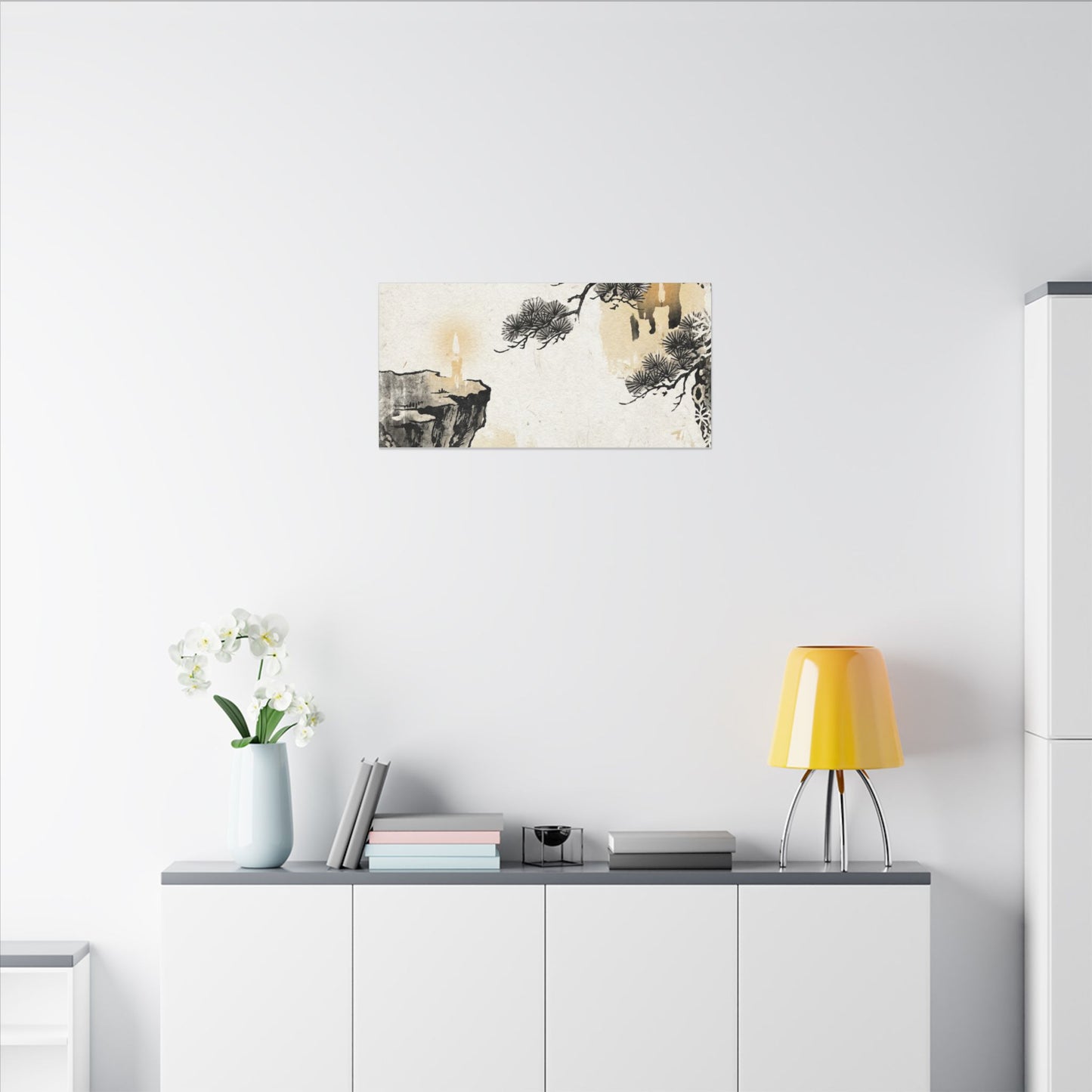 Japandi Pine Tree in Candlelight | Japanese Pattern Canvas Art