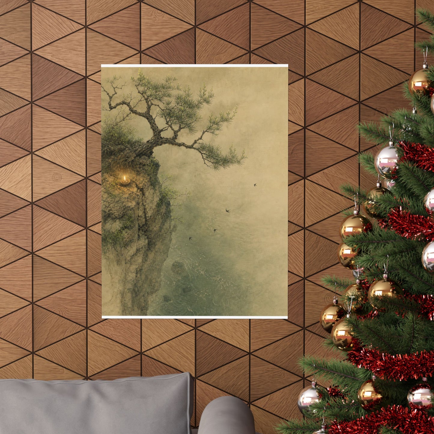 Japandi Pine Tree in Candlelight | Minimal Line Wall Art Print
