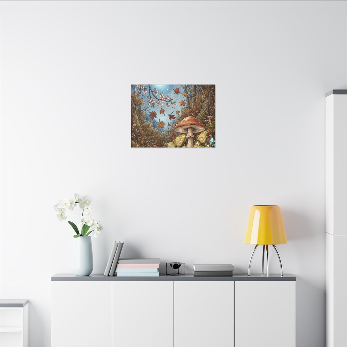 Autumn Cherry Blossom Mushroom Illustration Canvas Art | Enchanting Decor