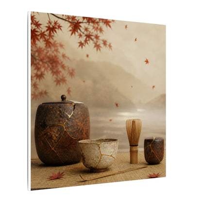 Tea Ceremony Canvas Art | Autumn Kintsugi Gold Vein Art