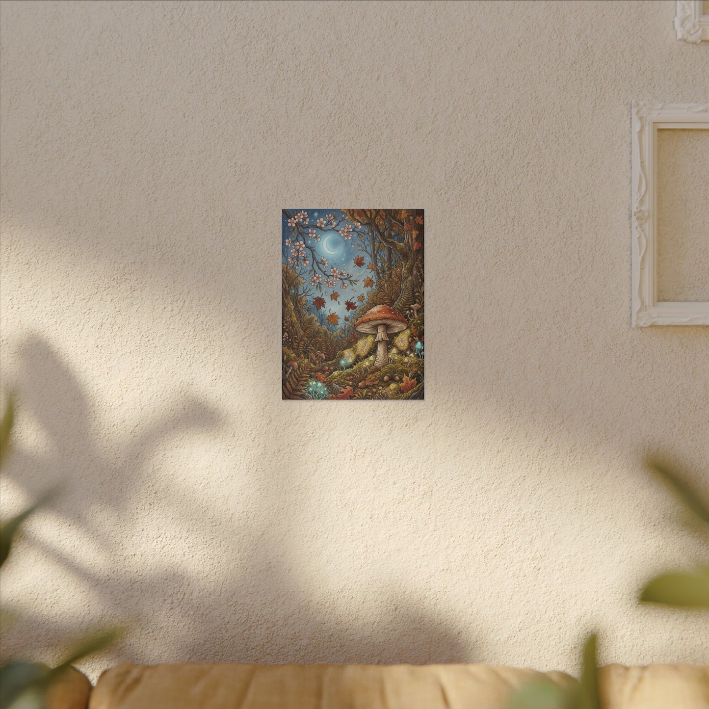 Autumn Cherry Blossom Mushroom Illustration Canvas Art | Enchanting Decor
