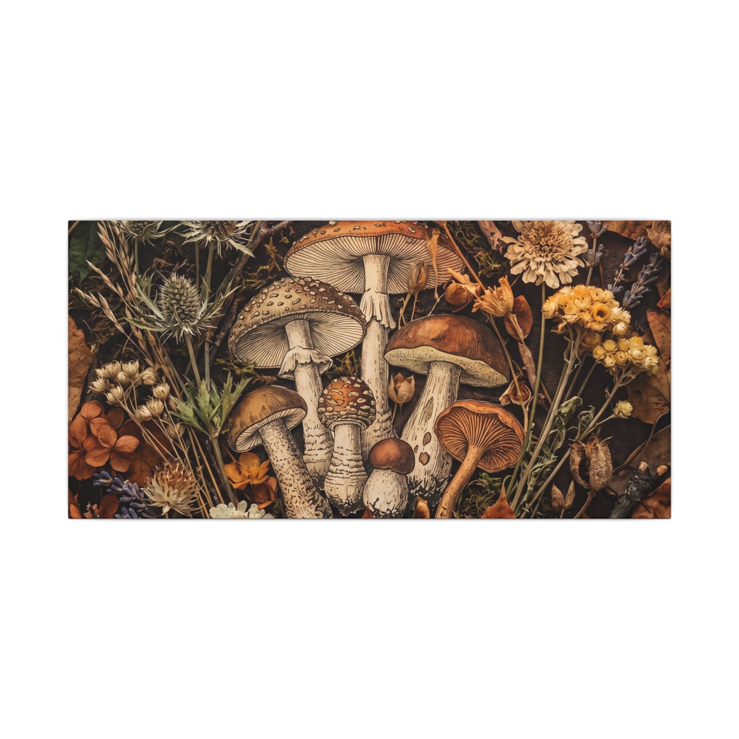 Autumn Dried Flowers Mushroom Illustration Canvas Art | Earthy Decor