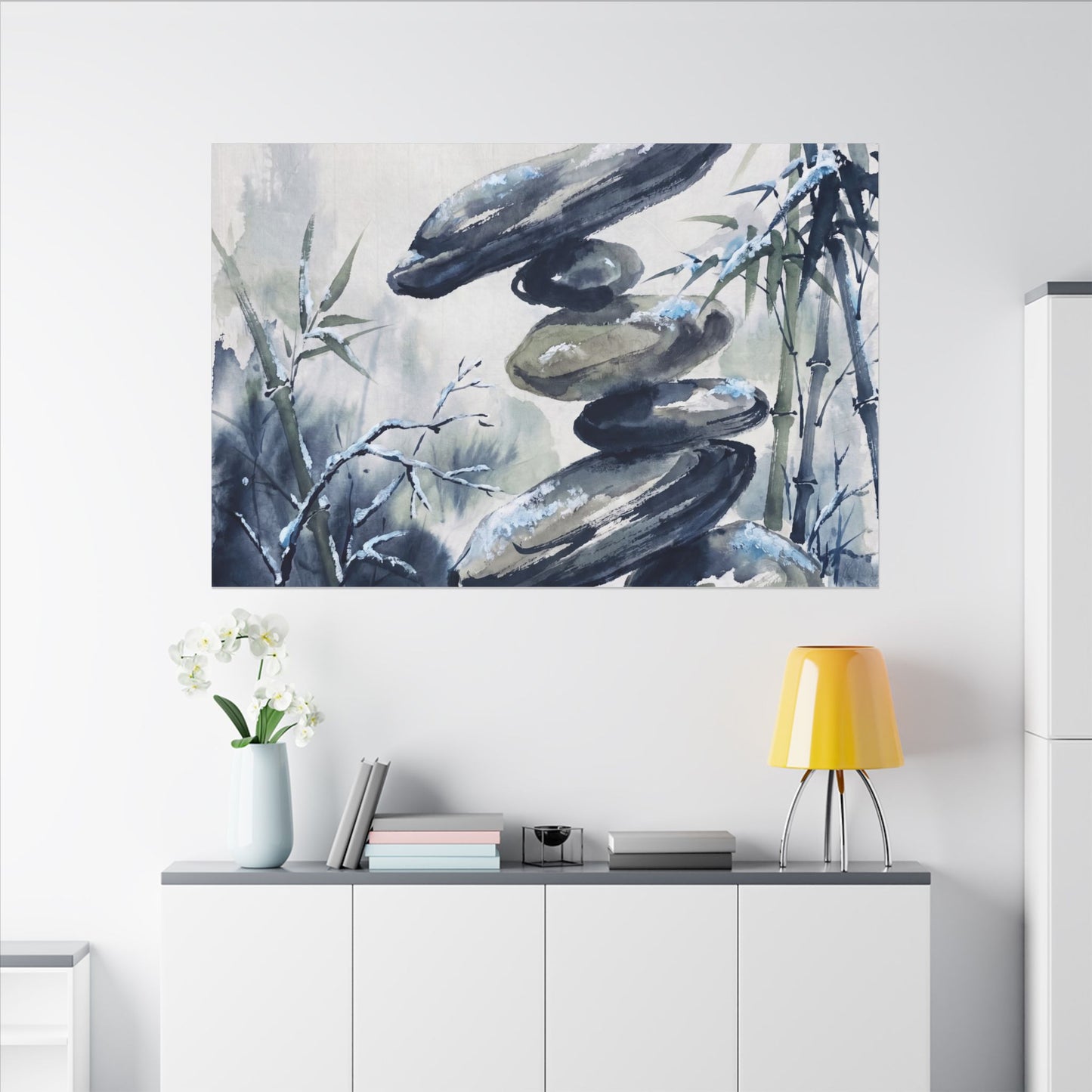 Zen River Stones in Moonlight | Sumi E Canvas Art