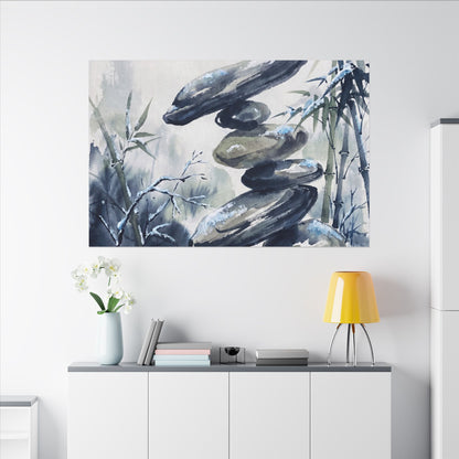 Zen River Stones in Moonlight | Sumi E Canvas Art