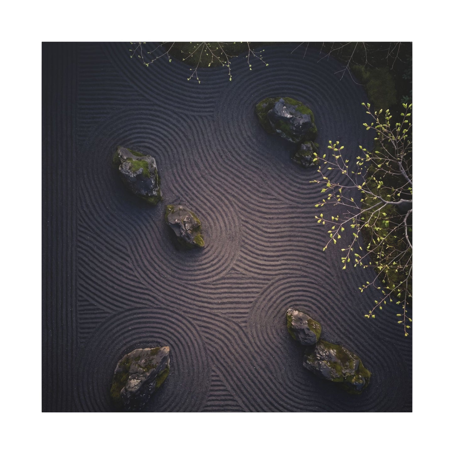 Dark Japandi Rock Garden in Dawn | Shadow Zen Canvas Art