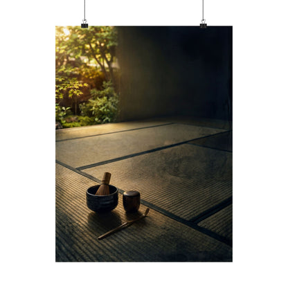 Dark Japandi Tea Ceremony in Golden Hour | Dark Texture Wall Art Print Art Print