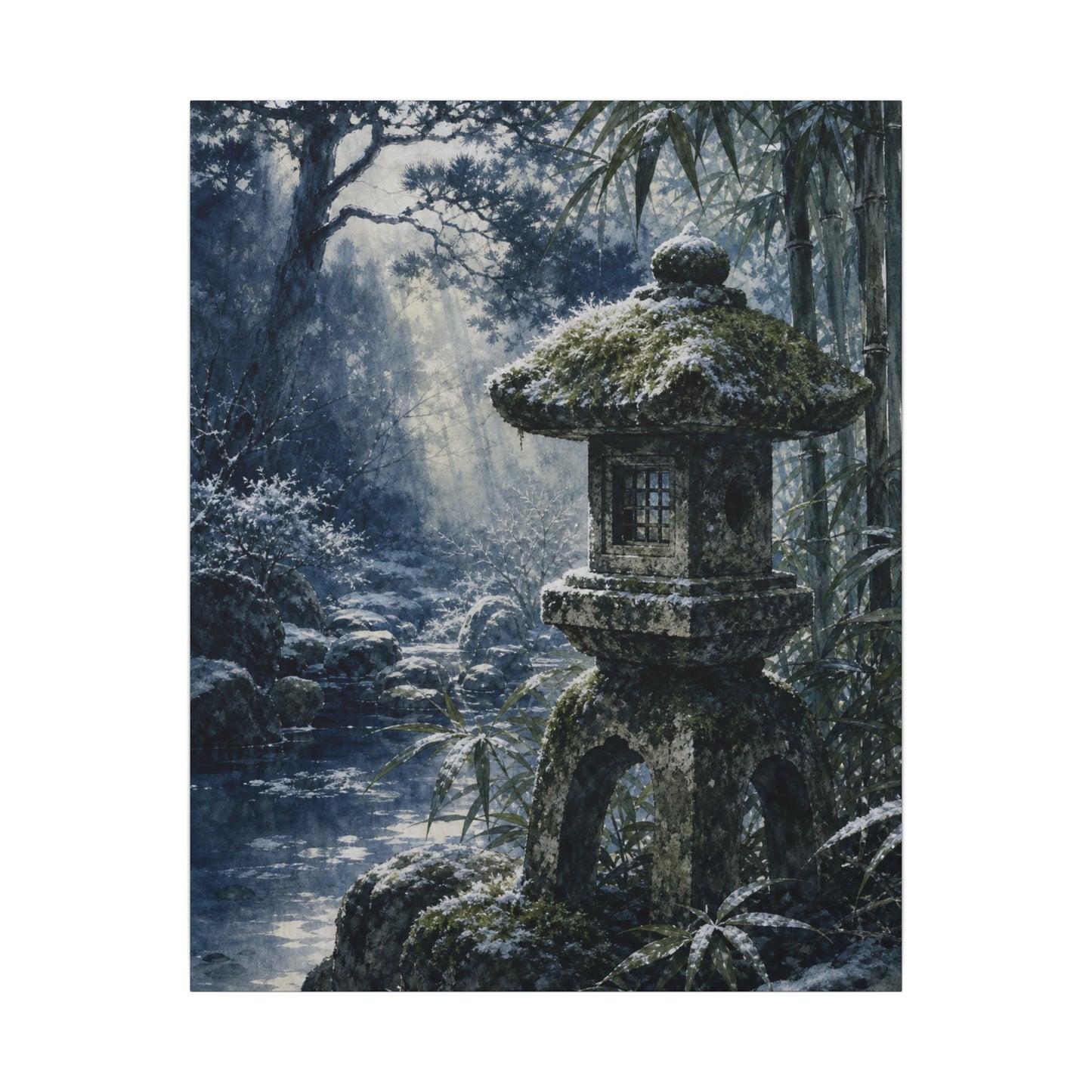 Zen Stone Lantern in Dappled | Sumi E Canvas Art