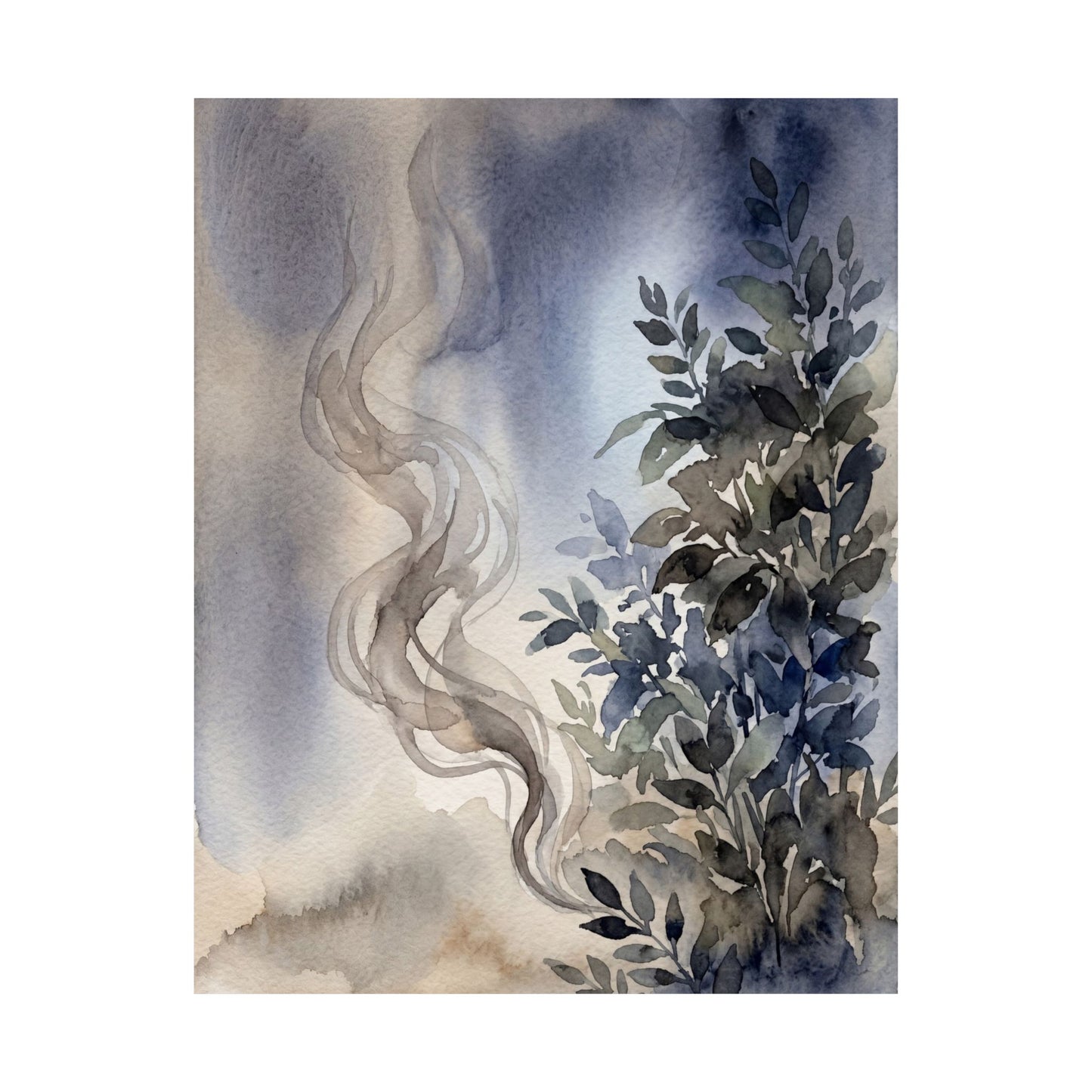 Japandi Incense Smoke in Moonlight | Watercolor Wall Art Print
