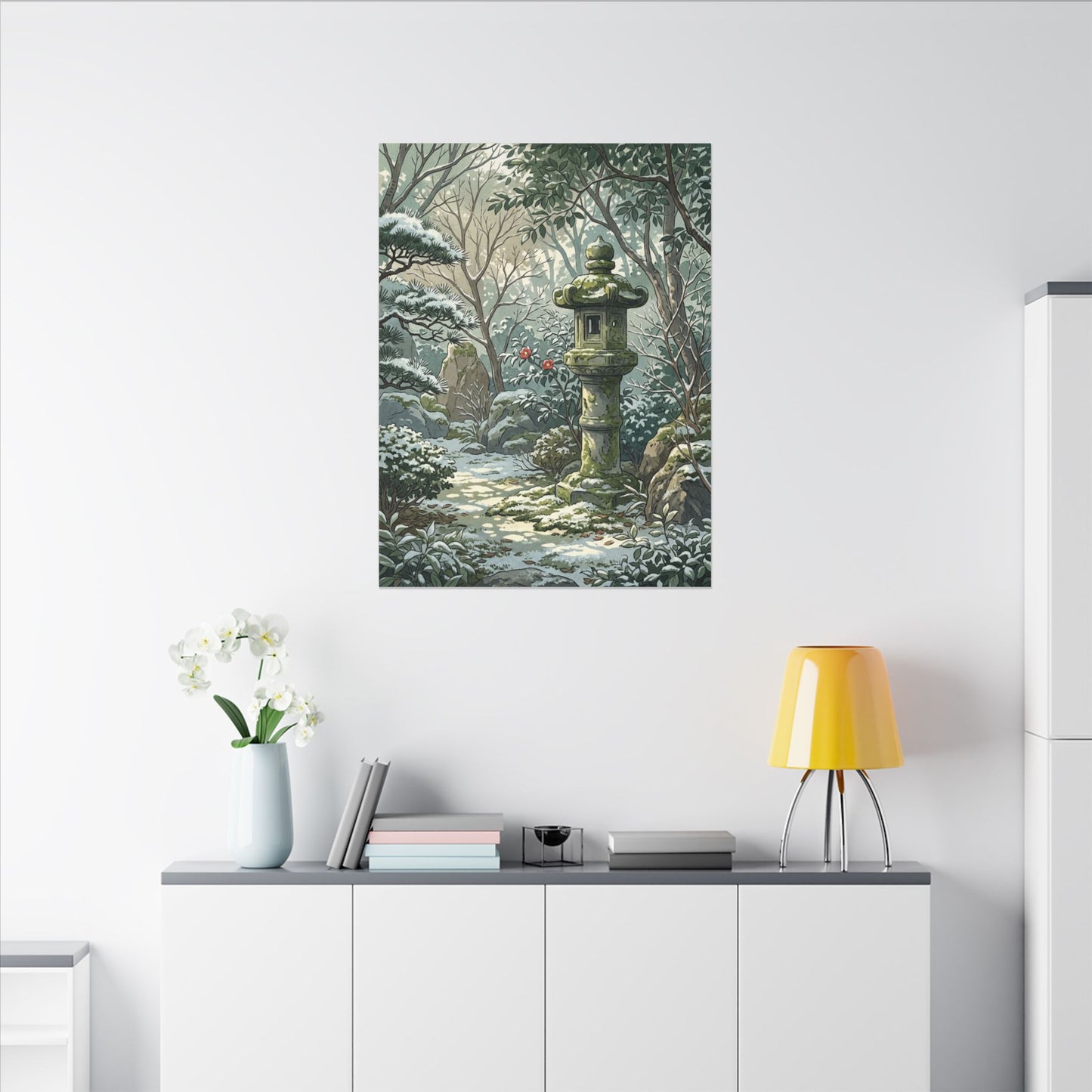 Stone Lantern Winter Canvas Art | Japandi Warm Design
