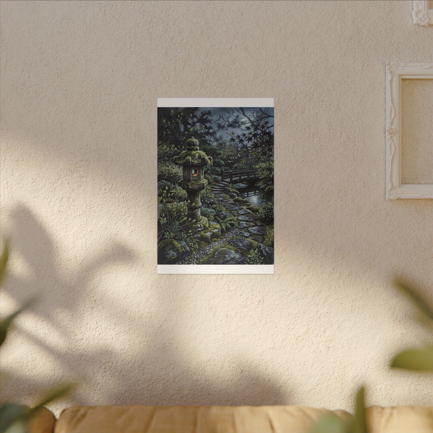Japandi Stone Lantern in Moonlight | Texture Canvas Art