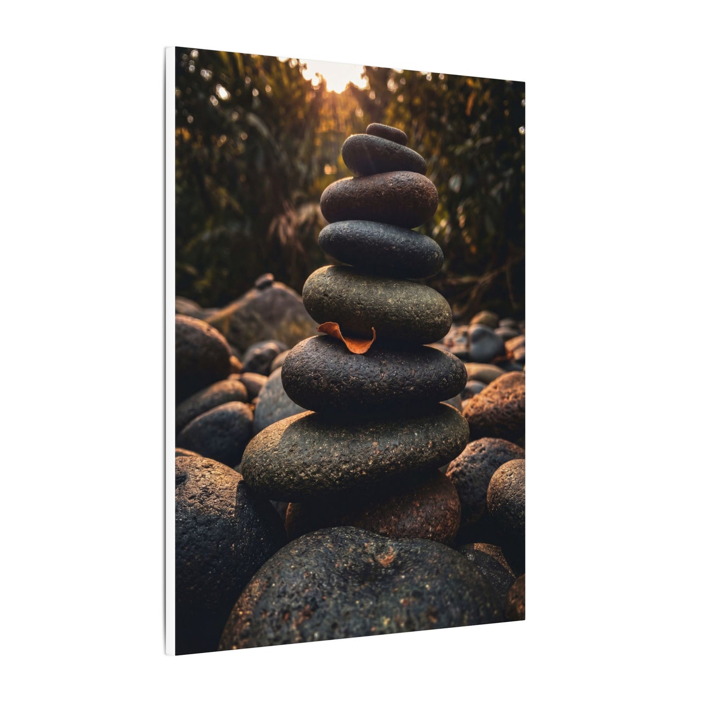 Dark Japandi River Stones in Golden Hour | Moody Minimal Canvas Art