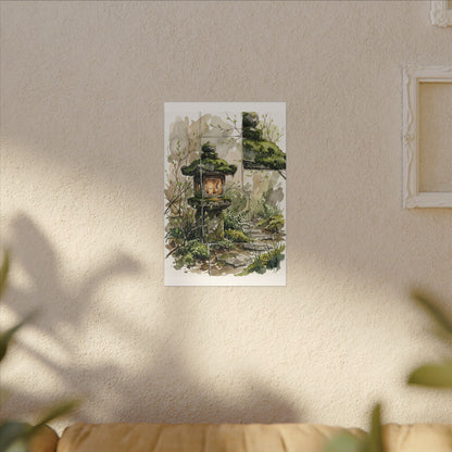 Stone Lantern Watercolor Canvas Art | Elegant Japandi Art