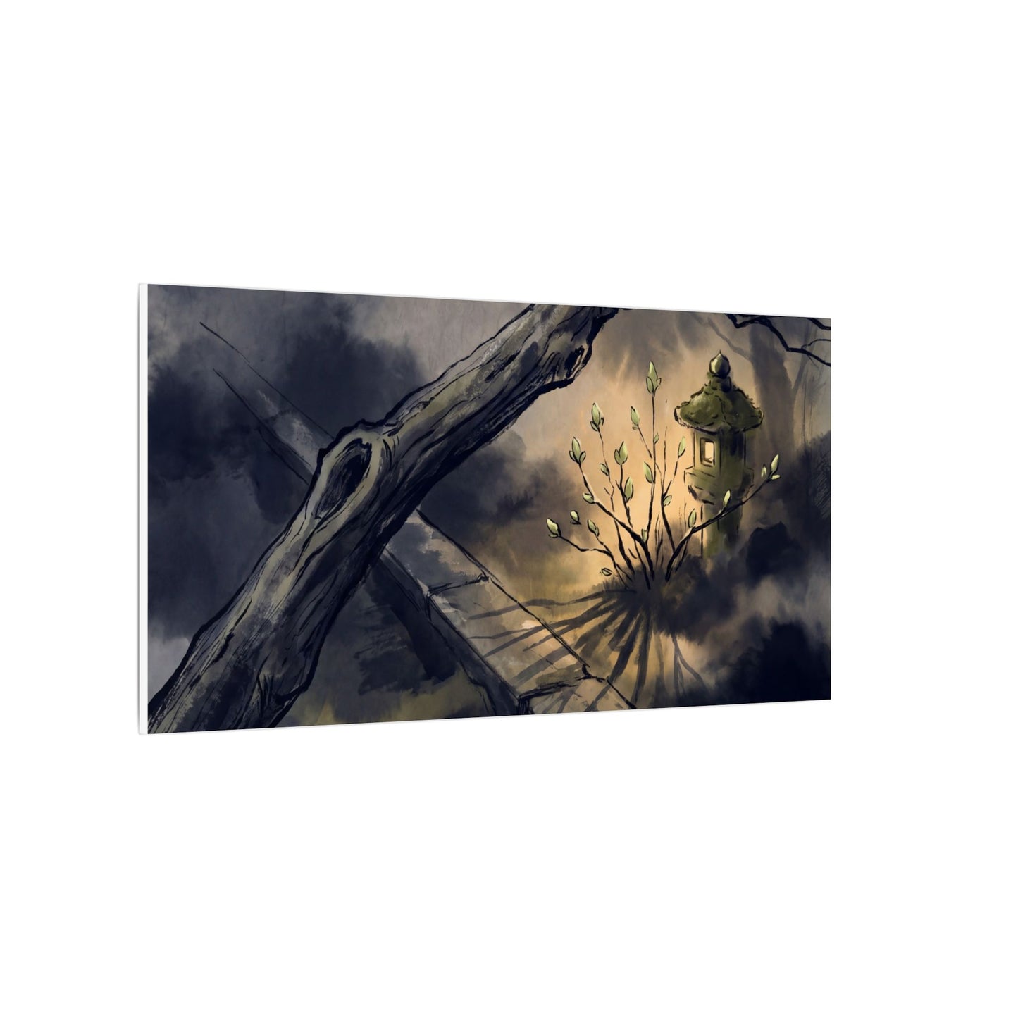 Dark Japandi Moonlit Garden in Golden Hour | Charcoal Ink Canvas Art