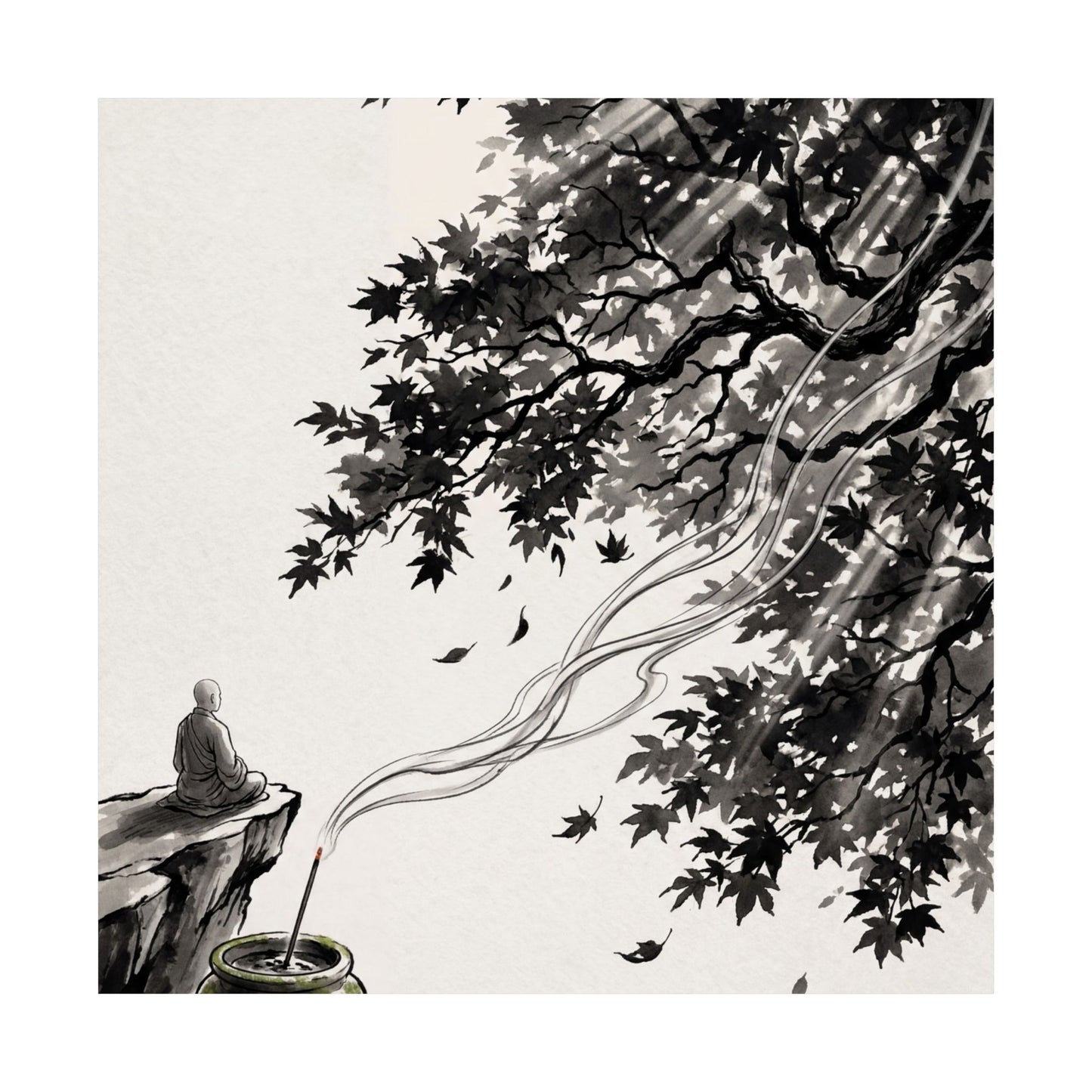 Contemplative Incense Smoke Wall Art Print - Ukiyo E Inspired Zen