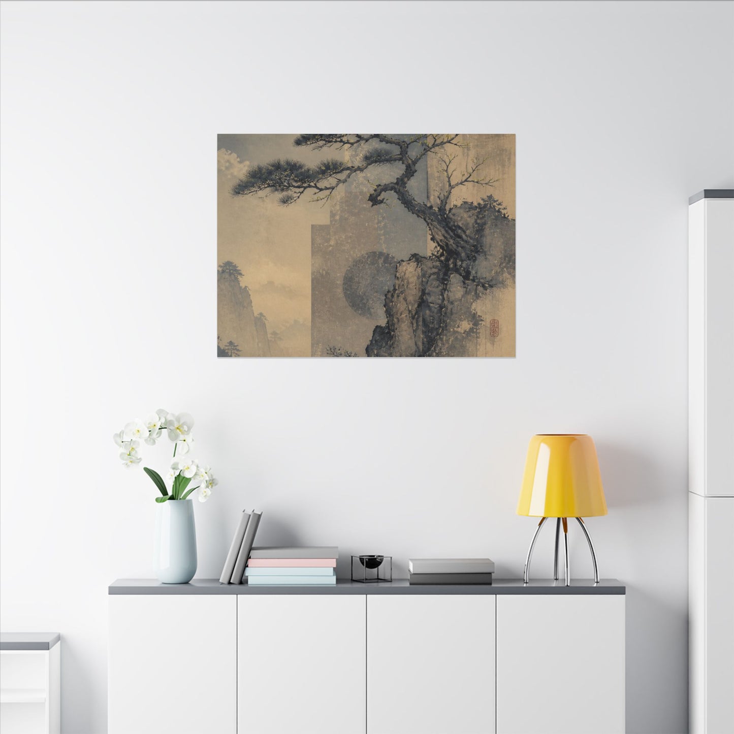 Japandi Pine Tree in Moonlight | Japanese Pattern Canvas Art