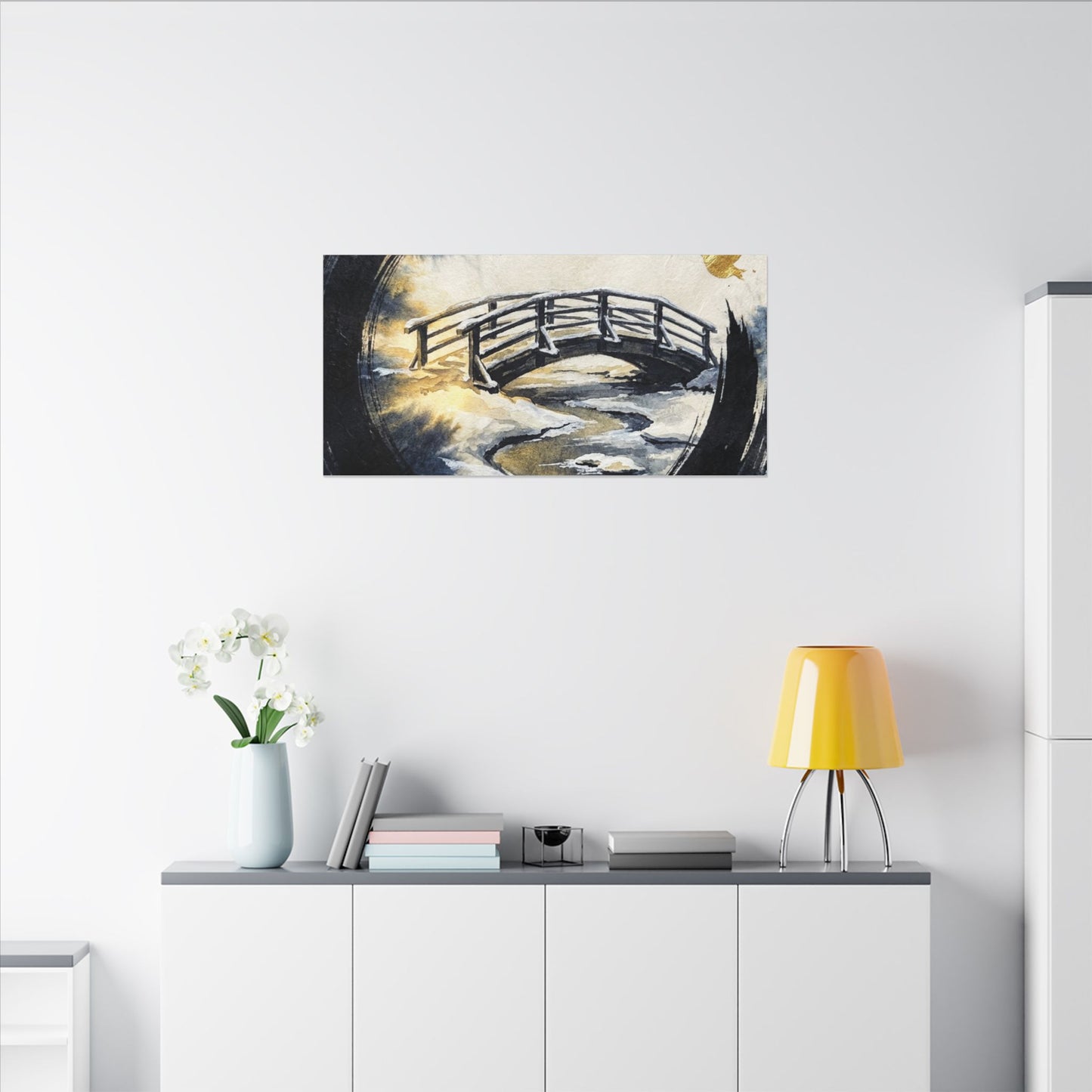 Winter Wooden Bridge Enso Canvas Art | Serene Decor