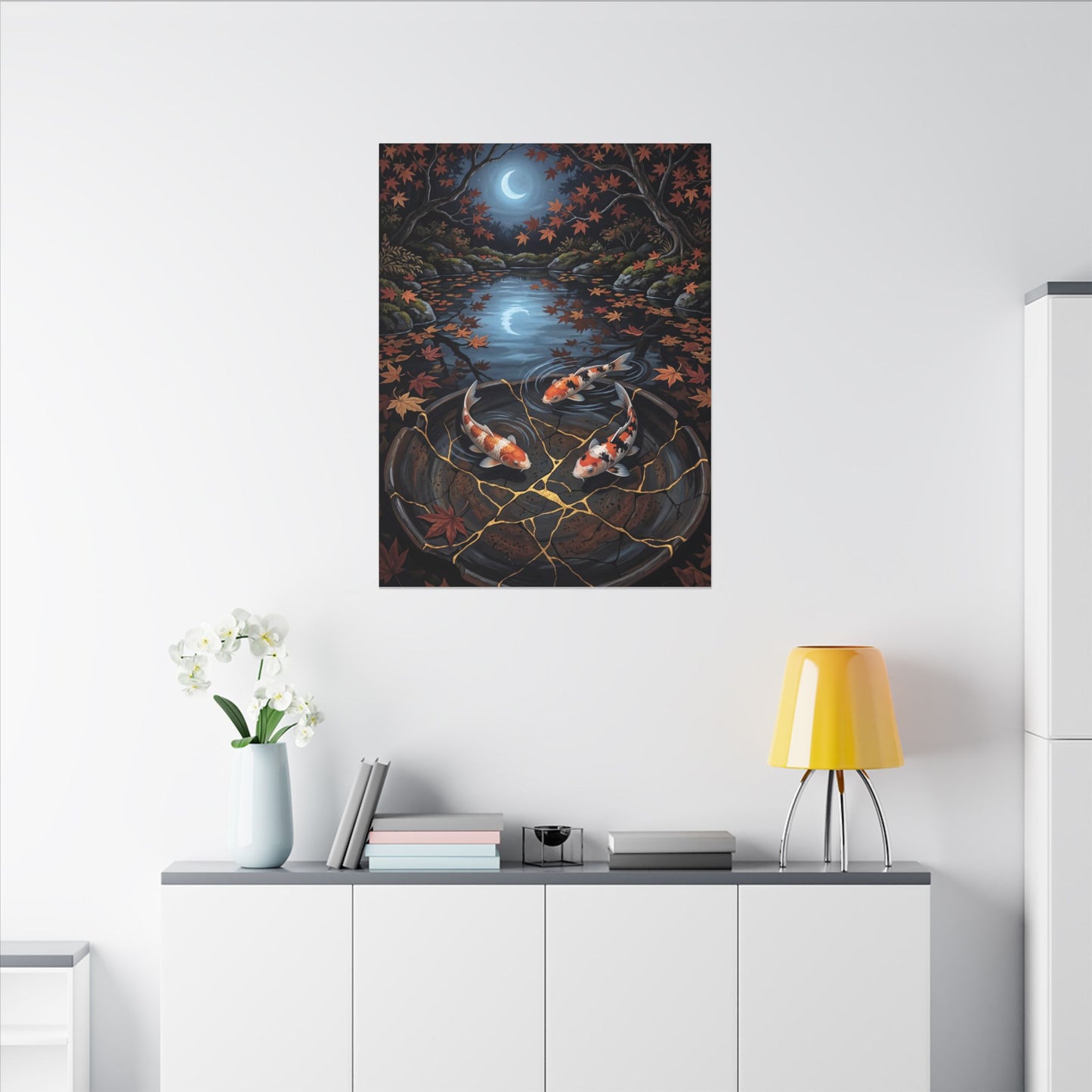 Koi Pond Canvas Art | Autumn Kintsugi Gold Repair Art