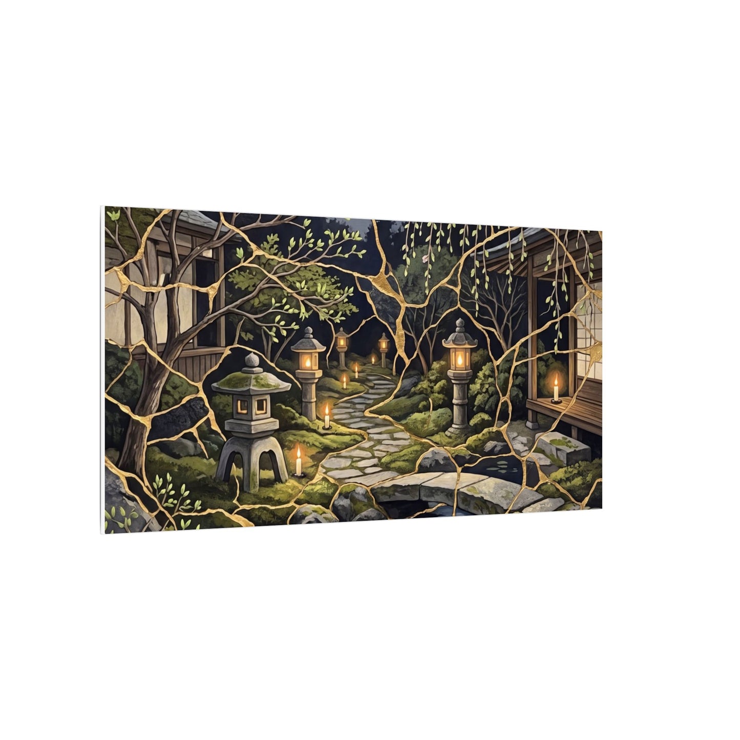 Kintsugi Moonlit Garden in Candlelight | Gold Vein Canvas Art