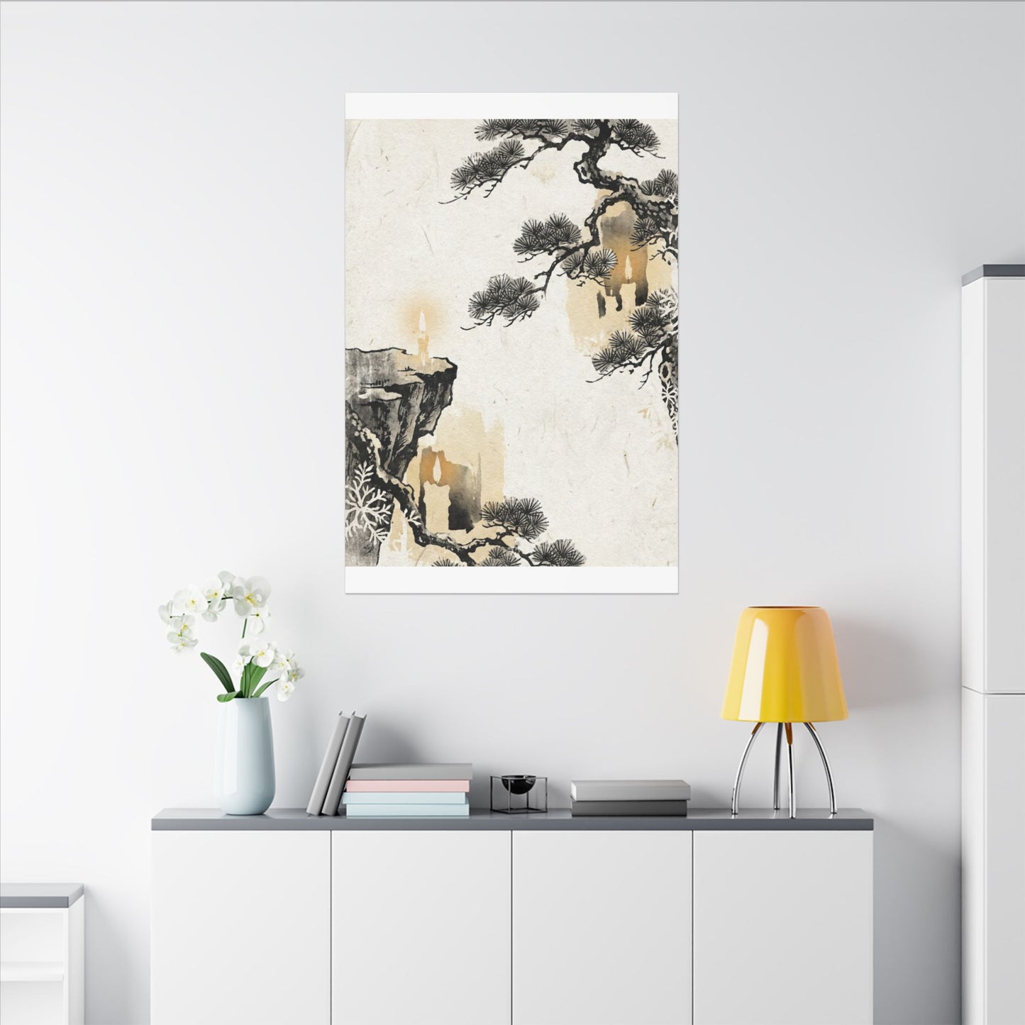 Japandi Pine Tree in Candlelight | Japanese Pattern Canvas Art