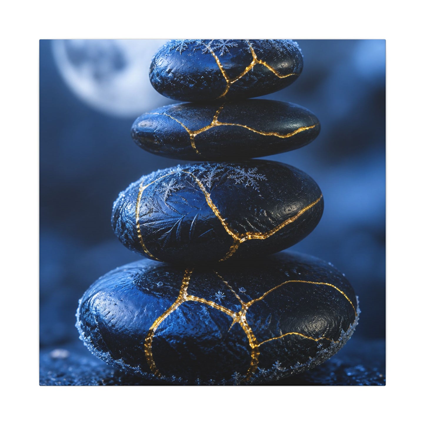 River Stones Canvas Art | Winter Kintsugi Gold Repair Art