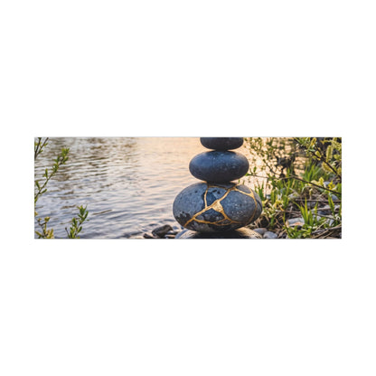 Kintsugi River Stones in Golden Hour | Gold Vein Canvas Art