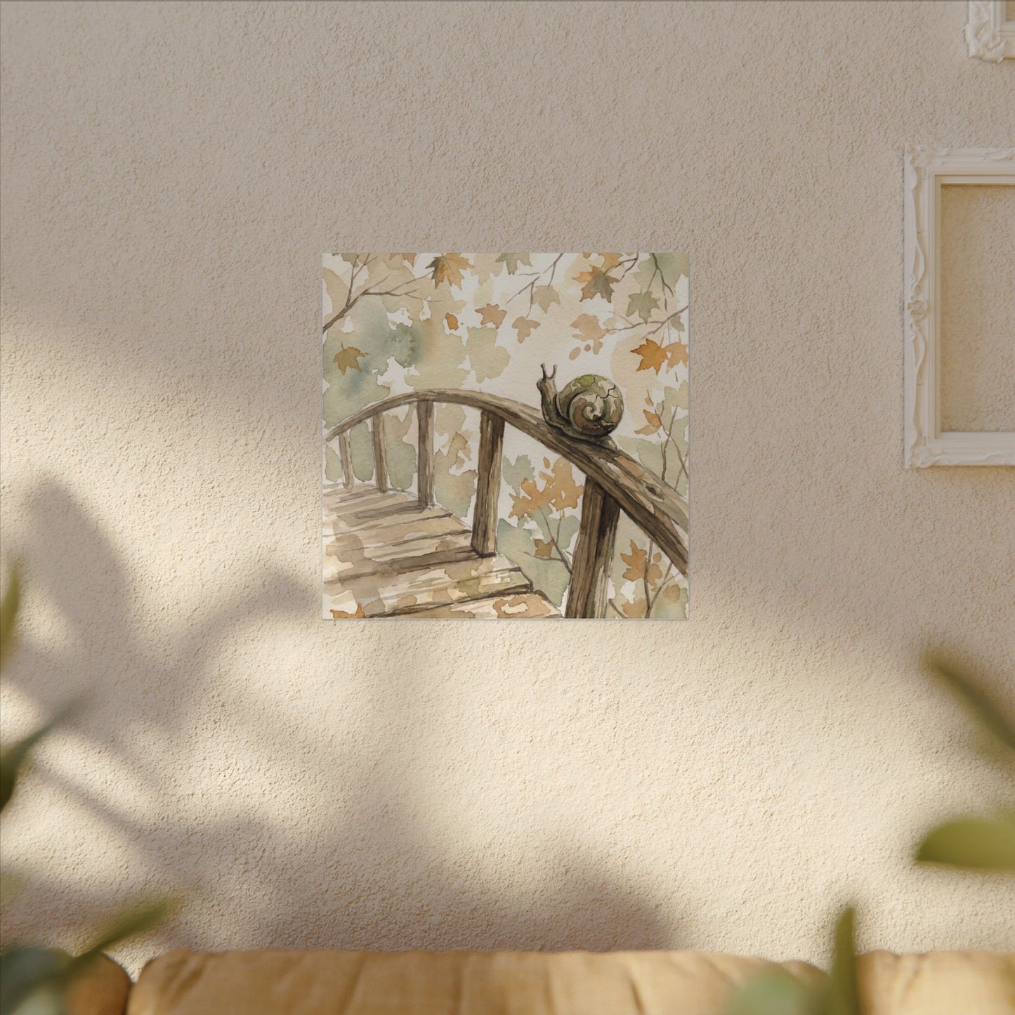 Wooden Bridge Canvas Art | Autumn Japandi Watercolor Art