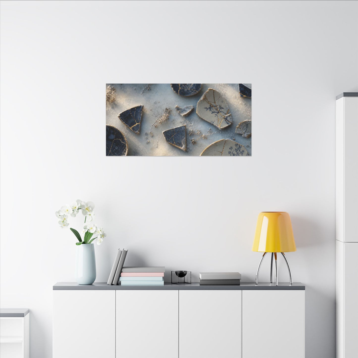 Broken Pottery Canvas Art | Winter Kintsugi Gold Vein Art