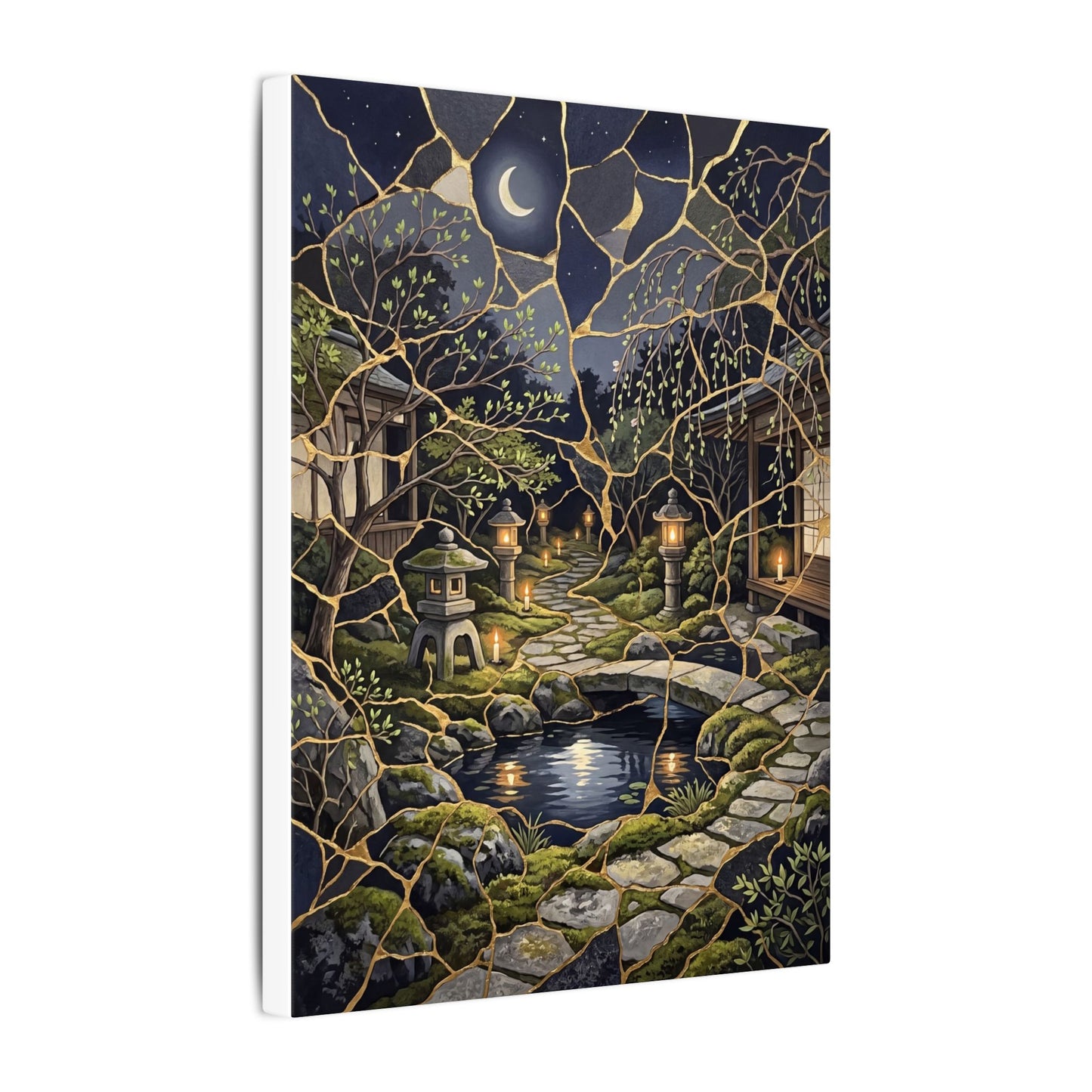 Kintsugi Moonlit Garden in Candlelight | Gold Vein Canvas Art