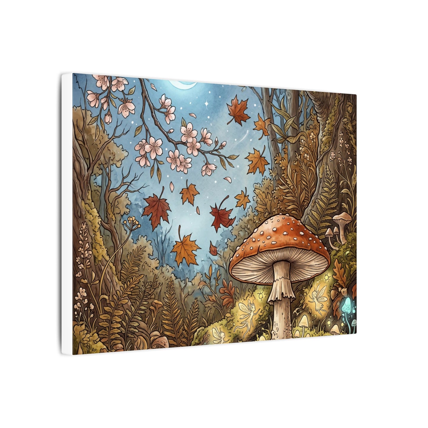 Autumn Cherry Blossom Mushroom Illustration Canvas Art | Enchanting Decor