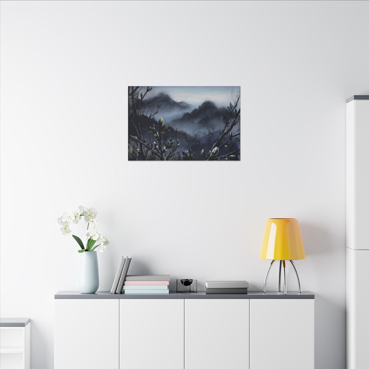 Mountain Mist Spring Canvas Art | Dark Japandi Atmospheric Design