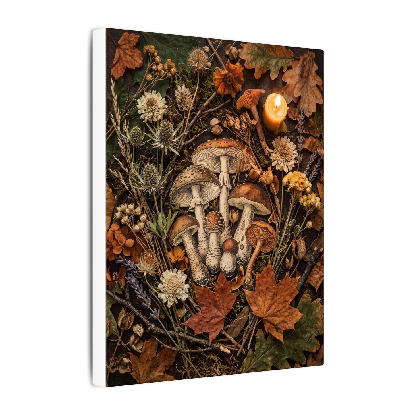 Autumn Dried Flowers Mushroom Illustration Canvas Art | Earthy Decor