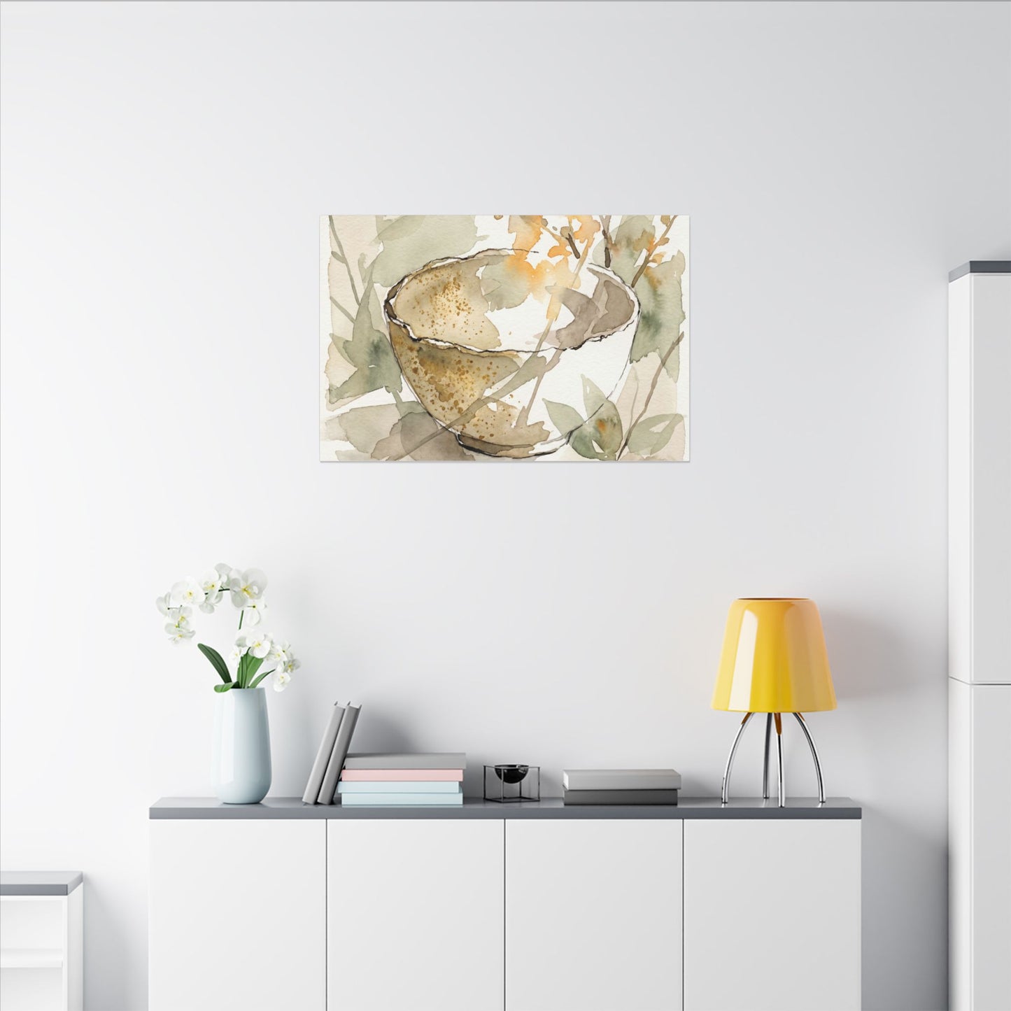 Spring Ceramic Bowl Watercolor Canvas Art | Neutral Decor