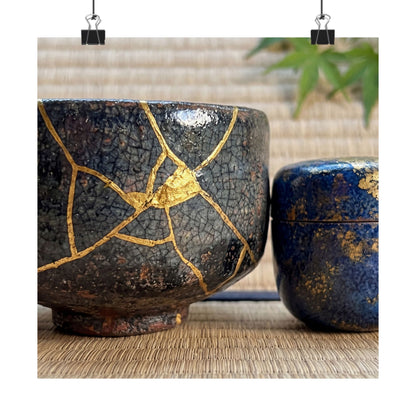 Kintsugi Tea Ceremony in Dawn | Crackle Gold Wall Art Print
